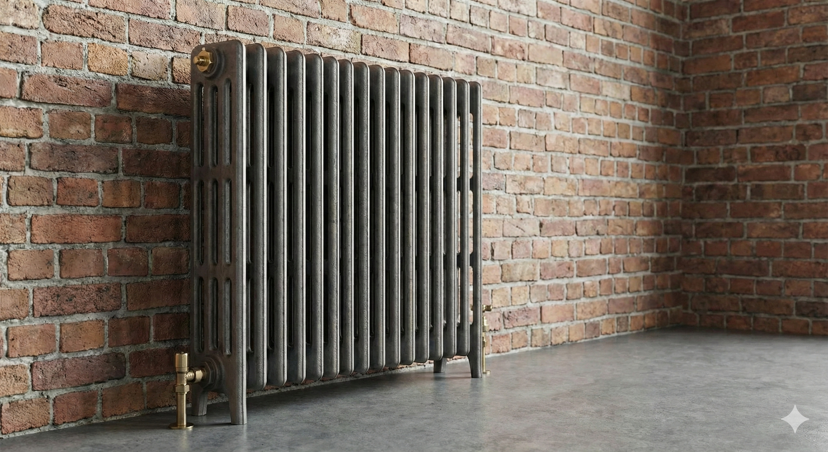 Close up of a raw metal lacquered cast iron radiator with brass valve details against an exposed brick wall.